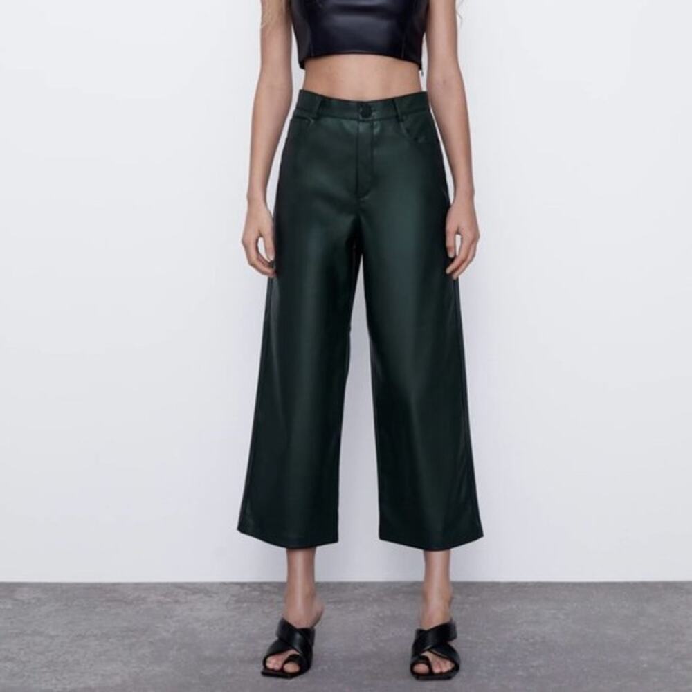 Zara Faux Leather Culotte Pant Wide Leg Dark Green High Waist Flare Crop S Y2K - Picture 1 of 7